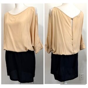 Karina Grimaldi Dress L Silk Tan Black Colorblock Slit Sleeve Button Back Party